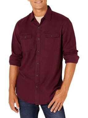 Men's Burgundy Heather Regular Fit Long Sleeve Two Pocket Cotton Flannel Shirt